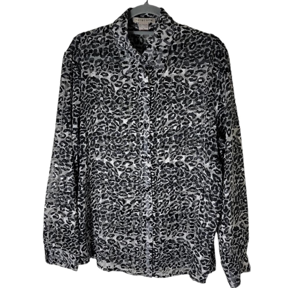 Notations  women's XL black gray silver shimmer leopard print button down shirt